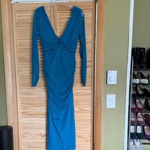 Anthropologie Teal Long-Sleeve Ruched V-Neck Maxi Dress